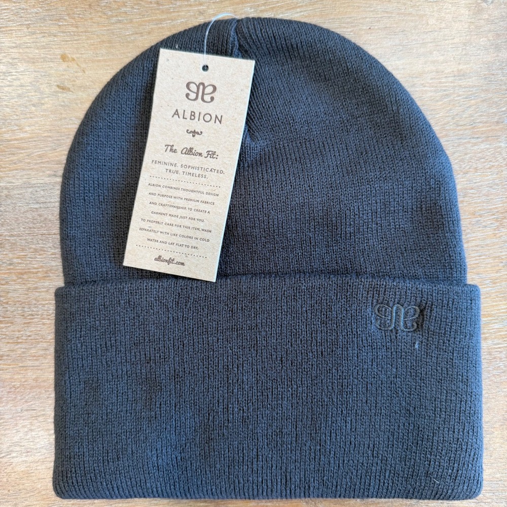 Albion Fit Beanie Gray Knit Cuffed Winter Hat Embroidered Logo NWT Cozy Neutral